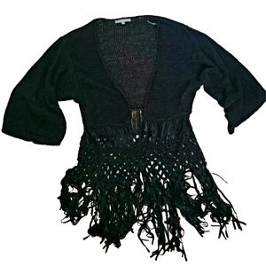 NY Collection Loose Knit Black Boho Cardigan Sweater w/ Fringe Med Open Front